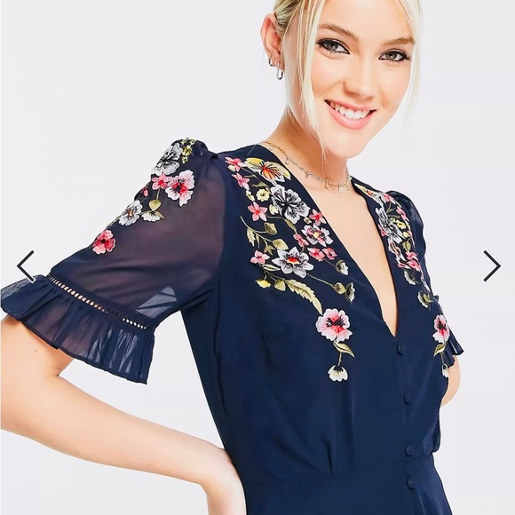 HOPE & IVY Dress Claudine Maxi Navy Chiffon Floral Embroidery NWT Sz 8 - Picture 2 of 14